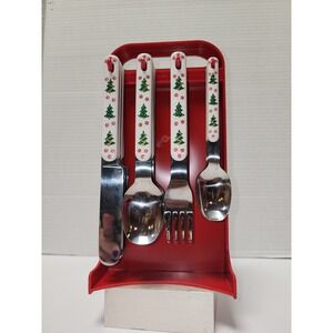 Vintage Oneida Holiday Colormates stainless steel flatware portable red‎ caddy